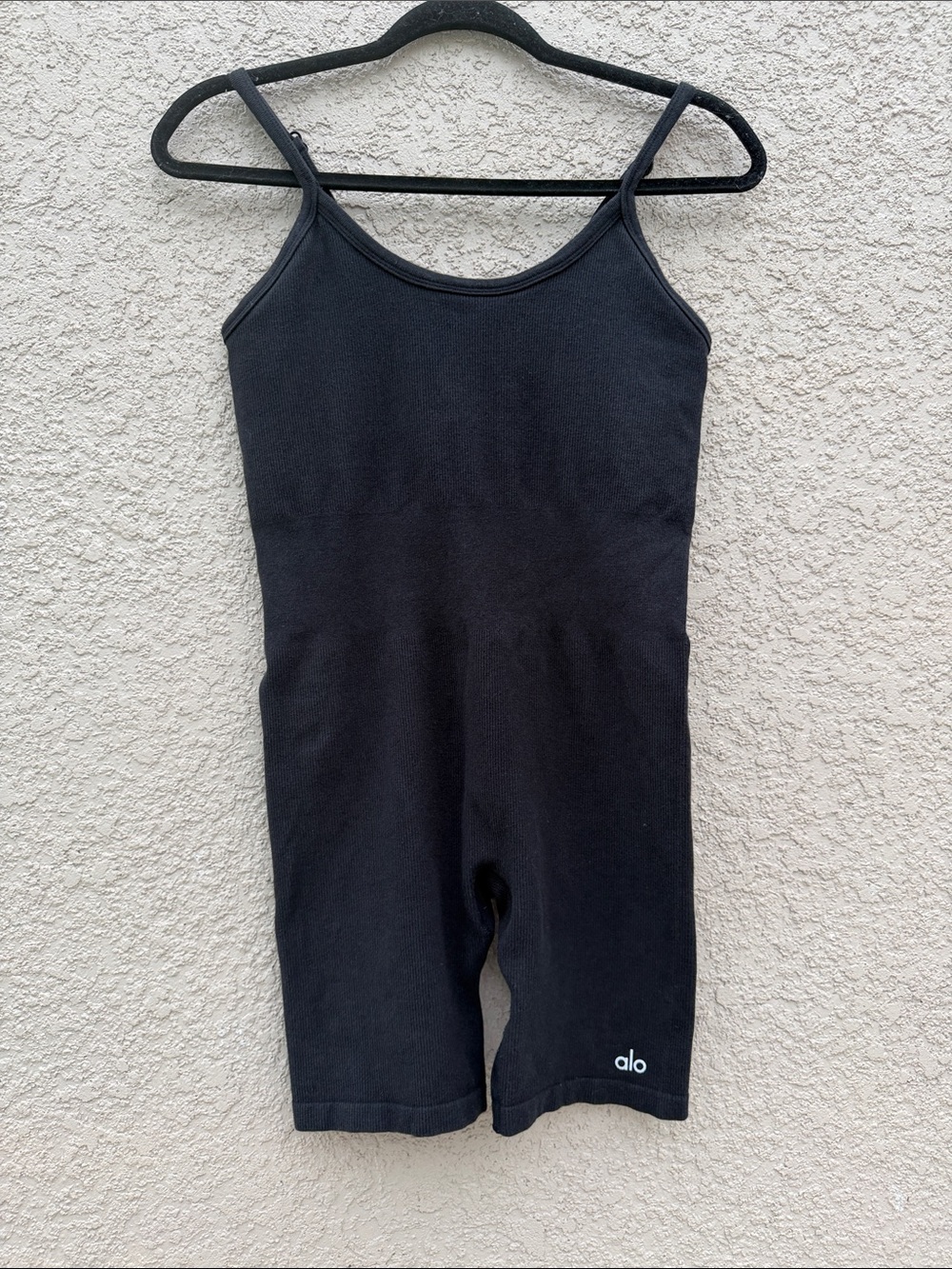 ALO Yoga Black Ribbed Biker Shorts with White Logo